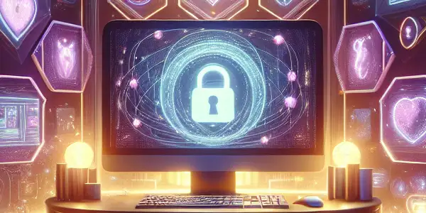 A futuristic computer setup symbolizes a safe and clean online adult entertainment experience in a cozy, inviting environment.<a href=