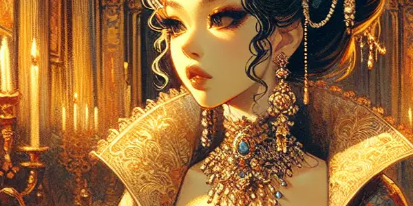 A confident Princess Sissi in an opulent palace, wearing a provocative gown, illuminated by warm candlelight.