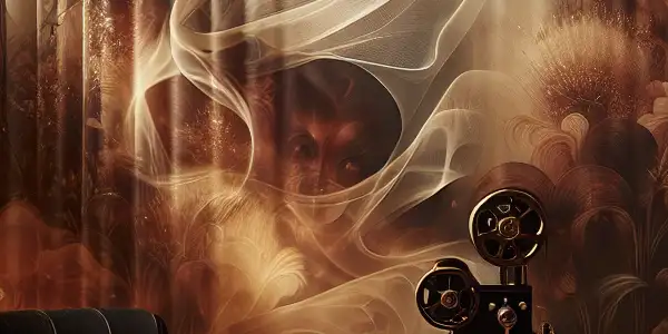 A dimly lit intimate room with sensual artwork, plush furniture, and a vintage projector, evoking desire and secrecy.