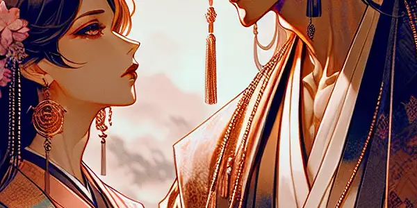 A mentor and apprentice share an intimate moment in a serene Japanese garden, surrounded by blooming cherry blossoms.