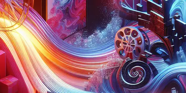 A vibrant, abstract digital landscape representing a luxurious adult entertainment platform with enticing visuals and cultural elements.