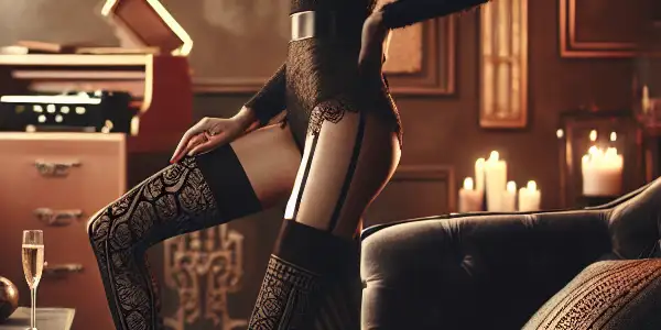 A sophisticated scene featuring a confident figure in elegant black stockings, exuding allure in a dimly lit, luxurious setting.