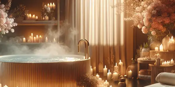 A serene adult spa retreat featuring a hot tub, candles, flowers, and plush furnishings in warm, inviting tones.