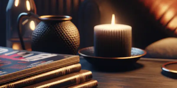 A smartphone displaying an adult entertainment app in a cozy, dimly-lit room with warm ambiance.