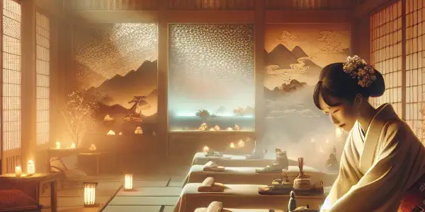 A serene Japanese spa scene featuring a massage therapist and client, blending relaxation with subtle romantic undertones.