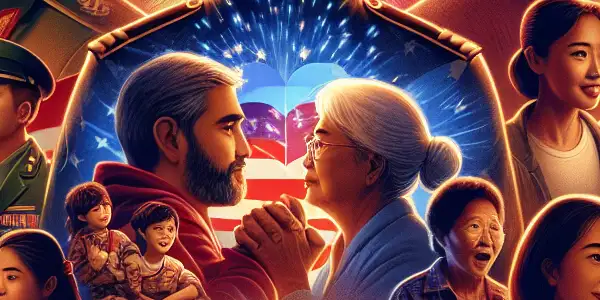 A patriotic film poster featuring diverse characters celebrating national pride amidst elements of modern adult entertainment.