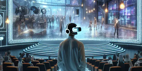 A futuristic VR viewing room with a curved screen, vibrant visuals, and an immersed viewer experiencing adult-themed holographic displays.