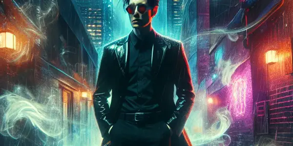 A brooding demon hunter stands in a rain-soaked urban alley, surrounded by lurking demons and supernatural elements.