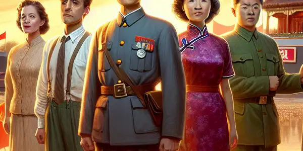 A dramatic depiction of revolutionary leaders and citizens in 1940s China, symbolizing unity and hope against a vibrant sunset backdrop.
