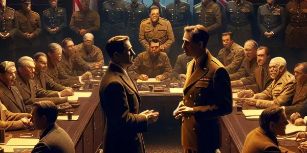 A tense negotiation room in 1945, featuring key leaders and advisors from the Chinese Civil War.