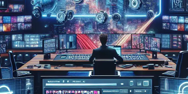 A modern tech studio showcasing adult content uploading, featuring high-tech equipment and a vibrant cityscape at night.