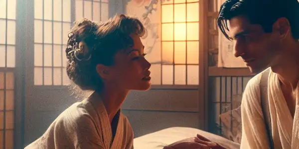 A nostalgic Japanese bedroom scene featuring a playful couple in retro attire, surrounded by vintage decor and soft lighting.