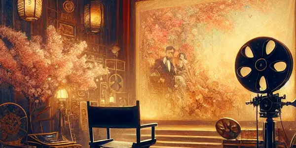 A luxurious film studio setting with vintage cameras, a director's chair, and a projection screen showcasing romantic scenes.