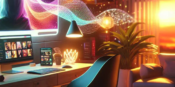 A cozy, modern room with a computer displaying an adult film website, emphasizing safety and comfort.