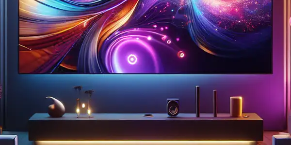 A modern home setting featuring a high-definition screen with abstract visuals, inviting ambiance, and hints of sophistication.