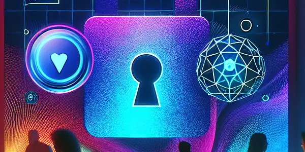 A modern digital lounge showcasing diverse individuals enjoying vibrant abstract visuals in a safe and inviting atmosphere.