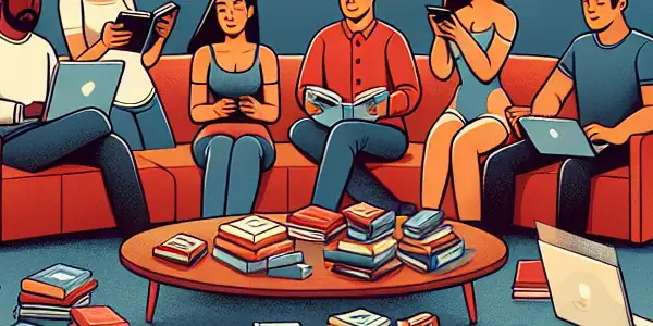 A cozy home library scene with diverse individuals browsing safe adult film materials on various digital devices.