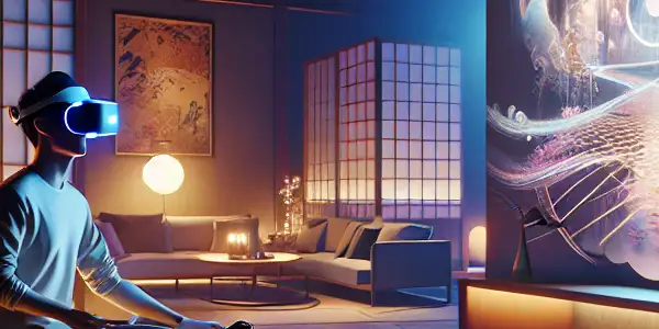 A cozy modern room with a person in a VR headset, featuring holographic displays of Japanese adult entertainment.