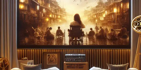 A cozy home theater showcasing artistic representations of Japanese AV cinema with warm lighting and film-related decor.