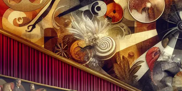 A diverse audience captivated by a film in a dimly lit theater, with suggestive imagery on the screen.