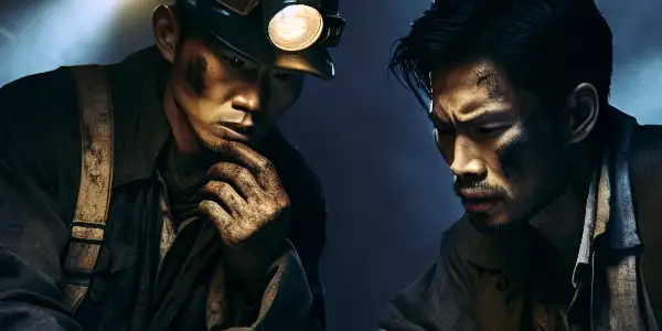 Two rugged miners plot a sinister scheme in a dimly lit underground coal mine, surrounded by shadows and tension.
