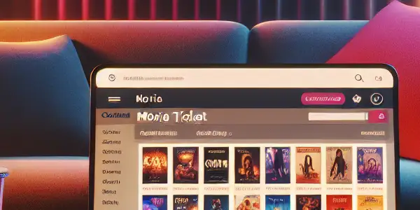 A cozy home setting featuring a laptop displaying vibrant movie thumbnails, with popcorn and drinks nearby.