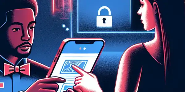 A cinema box office scene illustrating the process of refunds for adult film tickets, featuring a staff member and digital interfaces.