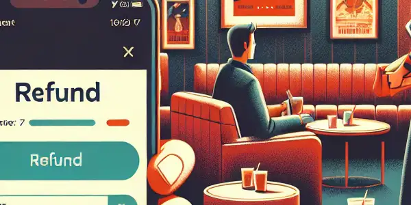 A smartphone displaying a movie ticket refund app in a cozy cinema lobby with subtle adult film hints.