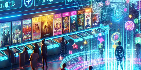 A vibrant cyberpunk virtual marketplace for Japanese adult films, featuring neon lights and diverse avatars exploring movie content.