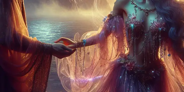 A mythical goddess and a mortal man share a sensual encounter in a vibrant, fantastical landscape.