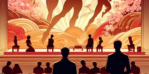 A vibrant Japanese theater scene with stylish individuals discussing a film, featuring abstract representations of sensuality on screen.