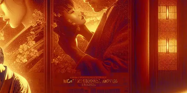 An intimate cinematic scene featuring a couple in a softly lit room with Japanese aesthetics, exuding romance and desire.