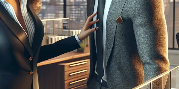 A confident female secretary flirts with her charismatic boss in a modern office setting.