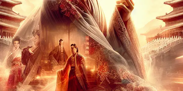 Lin Gengxin in traditional attire, poised dramatically against ancient architecture, blending romance and action with fantasy elements.