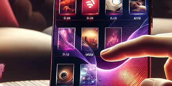 A smartphone on a wooden table displays vibrant adult film thumbnails in a cozy, dimly lit room.